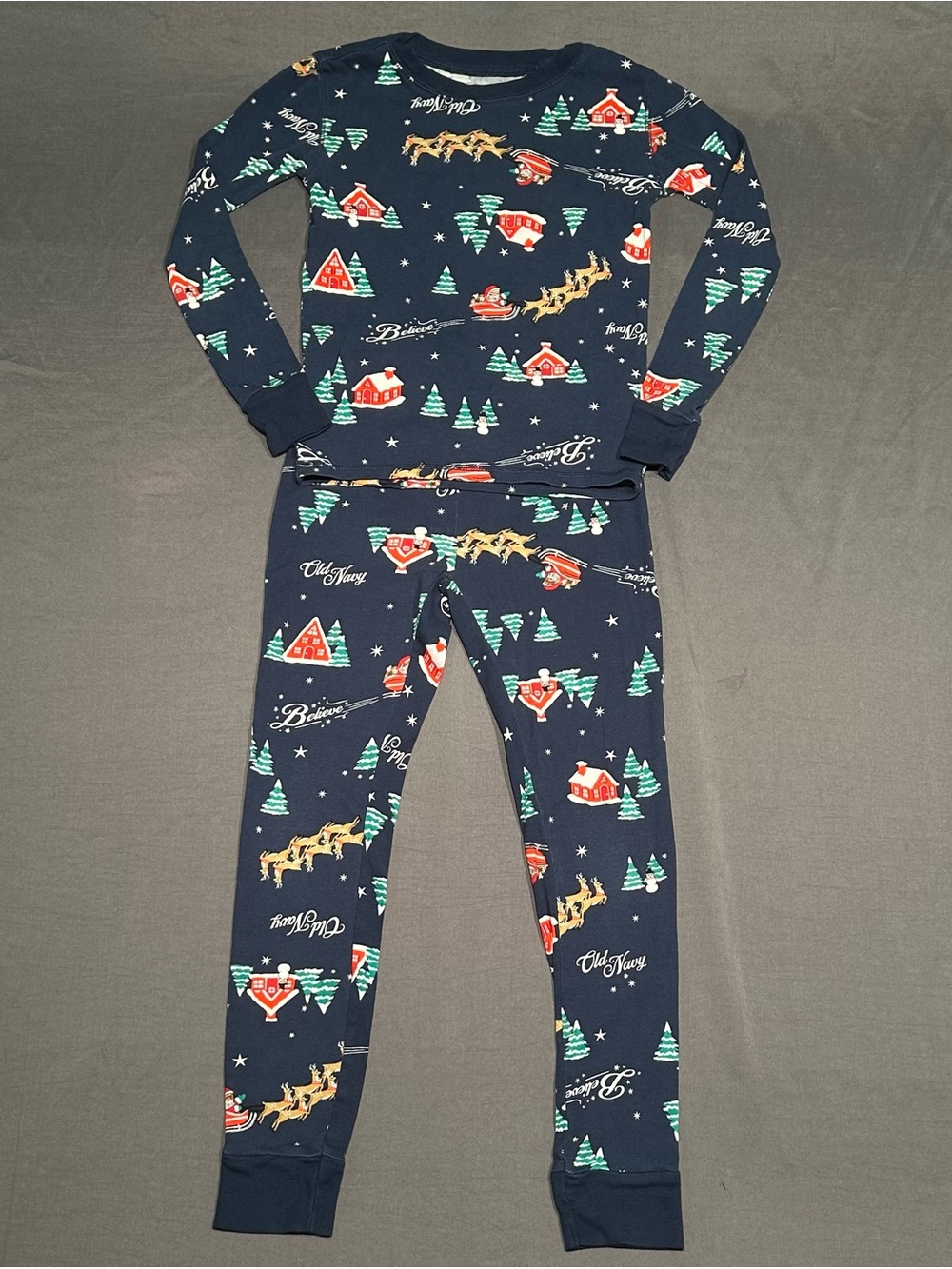 Old Navy Kids Unisex M 8 Christmas Believe Santa Sleigh Navy Pajama Set